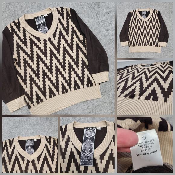 L.A.M.B. Gwen Stefani Womens L Large Cotton Cashmere Knit Zig Zag V Neck Sweater - Picture 1 of 12